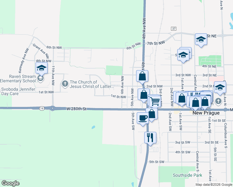 map of restaurants, bars, coffee shops, grocery stores, and more near 600 1st Street Northwest in New Prague