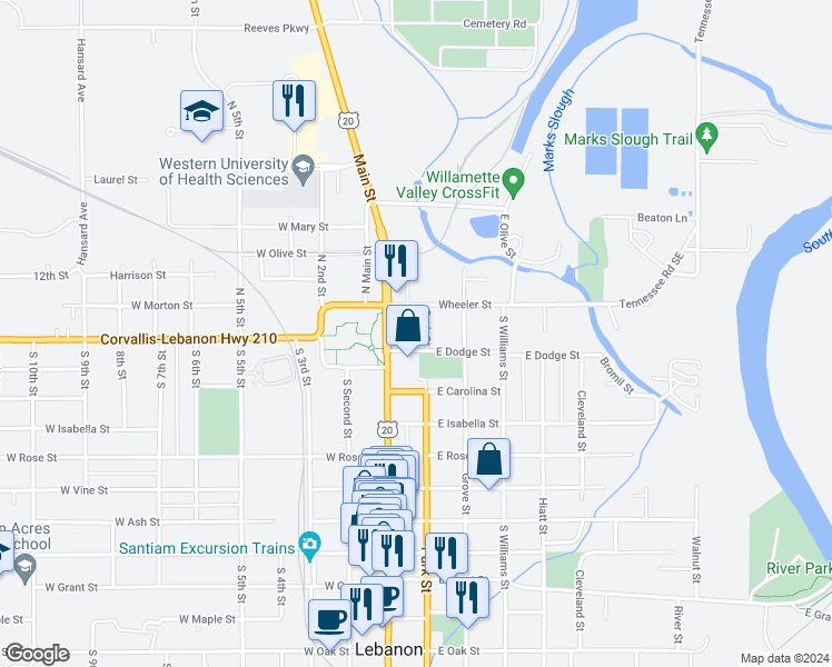 map of restaurants, bars, coffee shops, grocery stores, and more near 45 Park Street in Lebanon