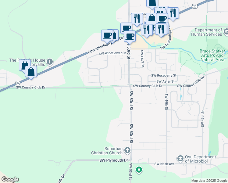 map of restaurants, bars, coffee shops, grocery stores, and more near 1900 Southwest Waverly Street in Corvallis