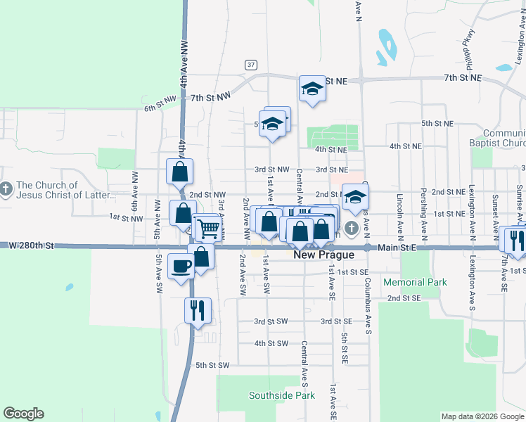 map of restaurants, bars, coffee shops, grocery stores, and more near 1st Avenue Northwest in New Prague