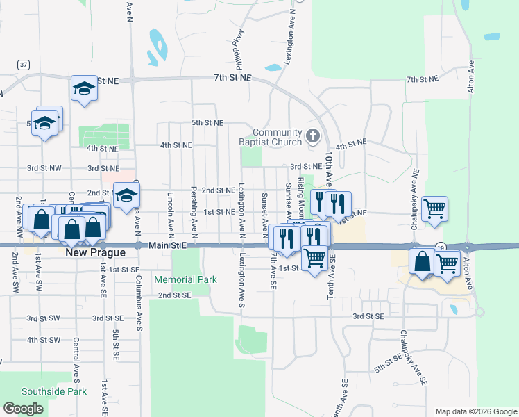 map of restaurants, bars, coffee shops, grocery stores, and more near 203 Sunset Avenue North in New Prague