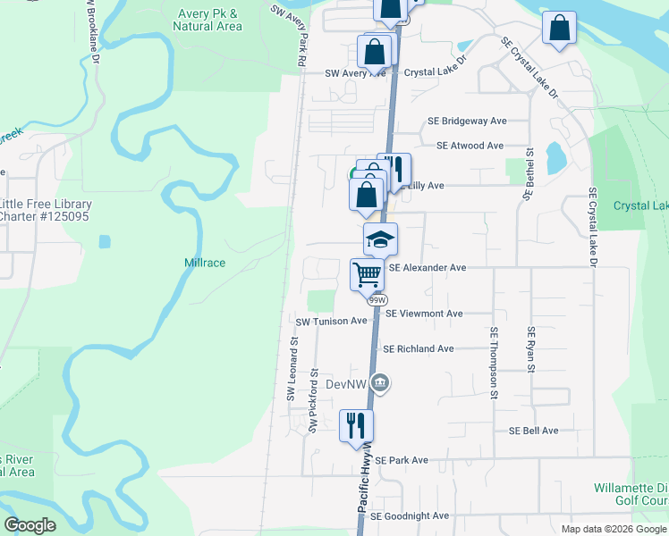 map of restaurants, bars, coffee shops, grocery stores, and more near 2146 Southwest Butterfield Drive in Corvallis