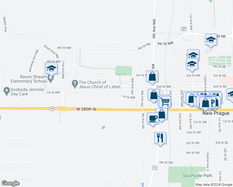 map of restaurants, bars, coffee shops, grocery stores, and more near 705 1st Street Northwest in New Prague