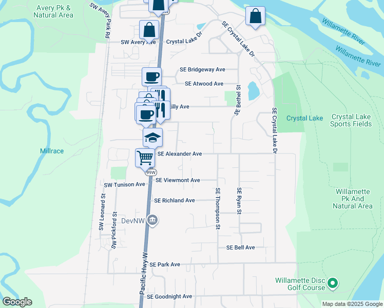 map of restaurants, bars, coffee shops, grocery stores, and more near 460 Southeast Alexander Avenue in Corvallis