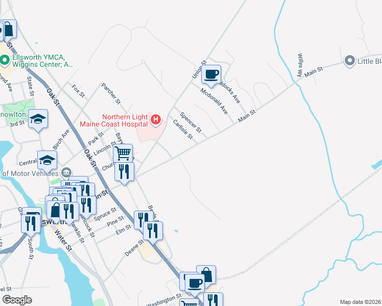 map of restaurants, bars, coffee shops, grocery stores, and more near 317 Main Street in Ellsworth