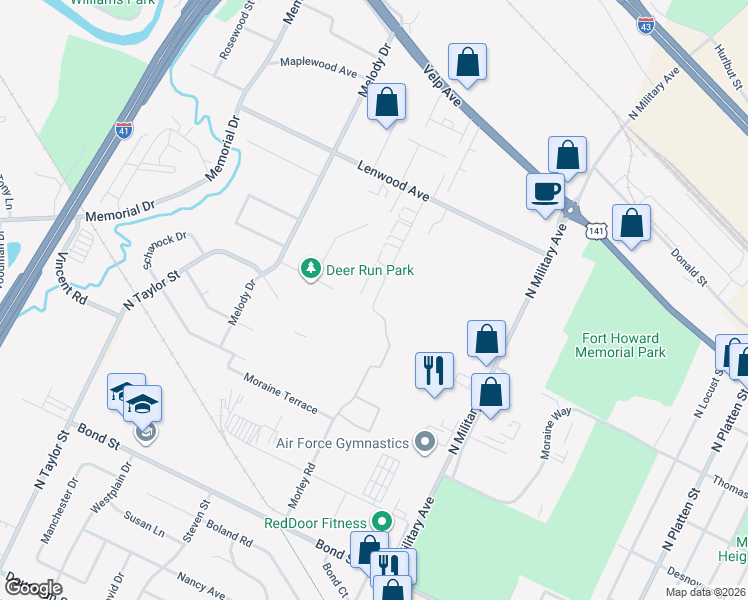 map of restaurants, bars, coffee shops, grocery stores, and more near 1101 Roland Lane in Green Bay