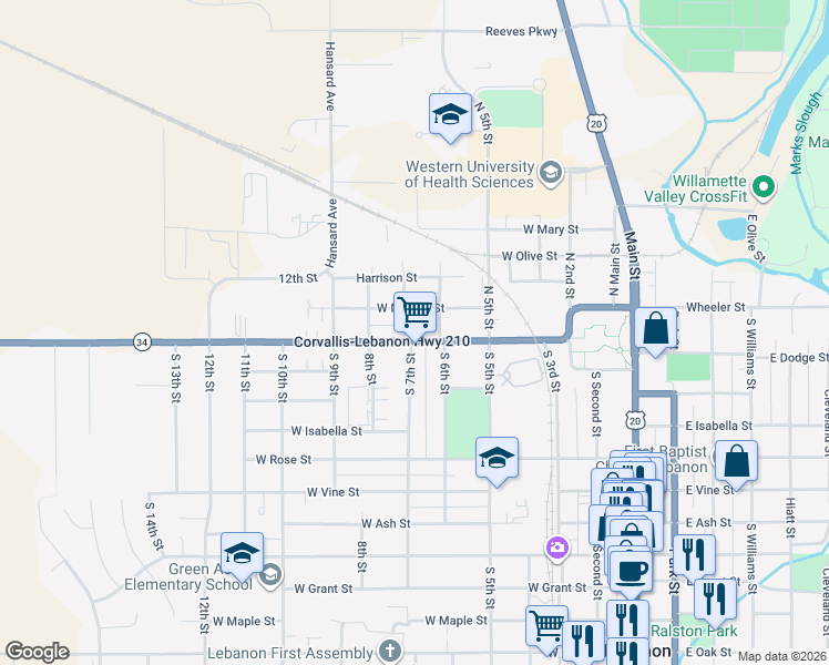 map of restaurants, bars, coffee shops, grocery stores, and more near 559 Tangent Street in Lebanon