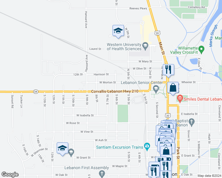map of restaurants, bars, coffee shops, grocery stores, and more near 525 Tangent Street in Lebanon
