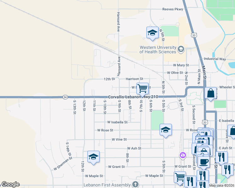 map of restaurants, bars, coffee shops, grocery stores, and more near 90 Hansard Avenue in Lebanon