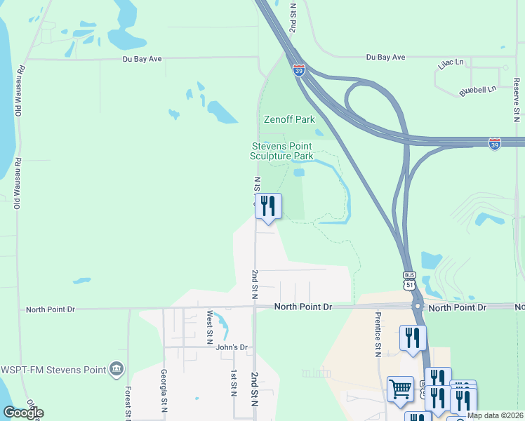 map of restaurants, bars, coffee shops, grocery stores, and more near 800 2nd Street North in Stevens Point