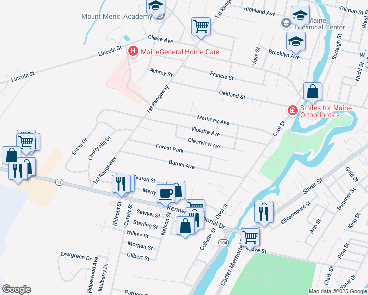 map of restaurants, bars, coffee shops, grocery stores, and more near 19 Forest Park in Waterville