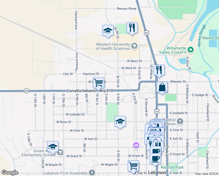 map of restaurants, bars, coffee shops, grocery stores, and more near 495 Tangent Street in Lebanon