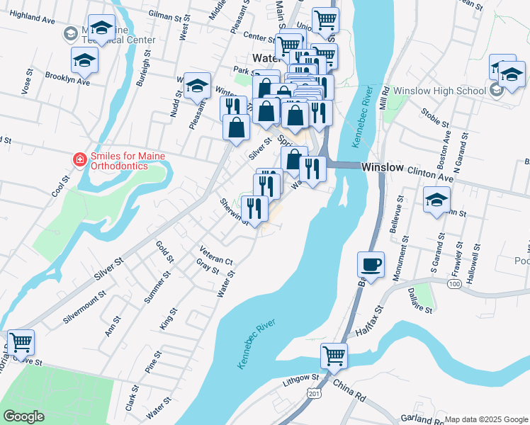map of restaurants, bars, coffee shops, grocery stores, and more near 39 Water Street in Waterville