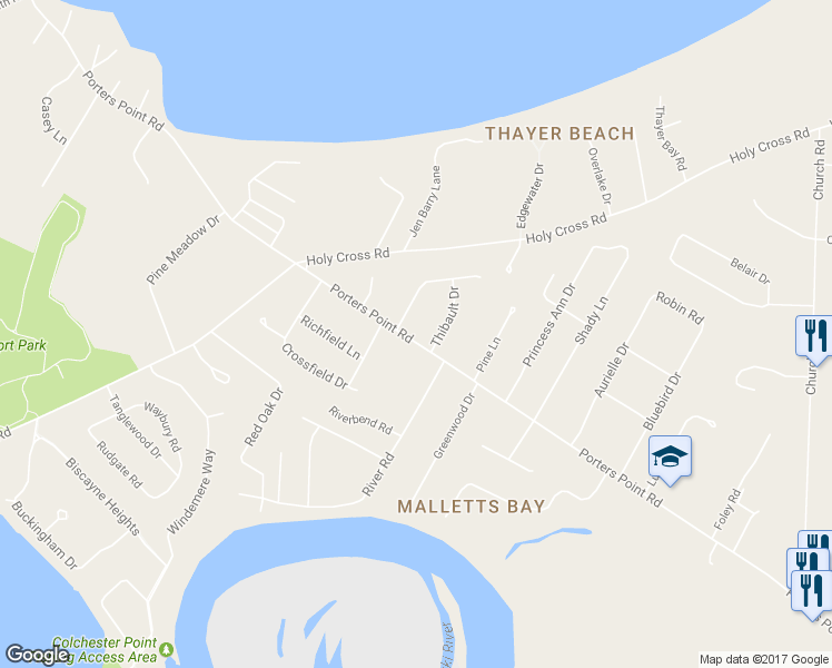 map of restaurants, bars, coffee shops, grocery stores, and more near 1064 Porters Point Road in Colchester