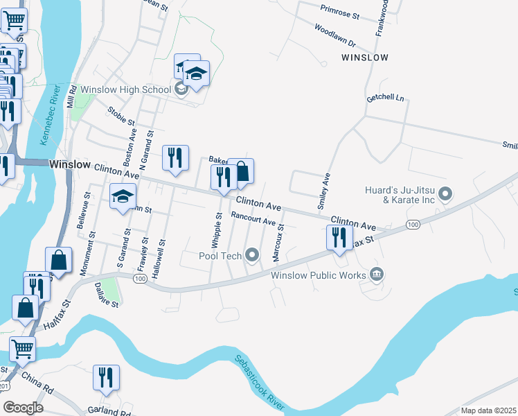map of restaurants, bars, coffee shops, grocery stores, and more near 125 Clinton Avenue in Winslow