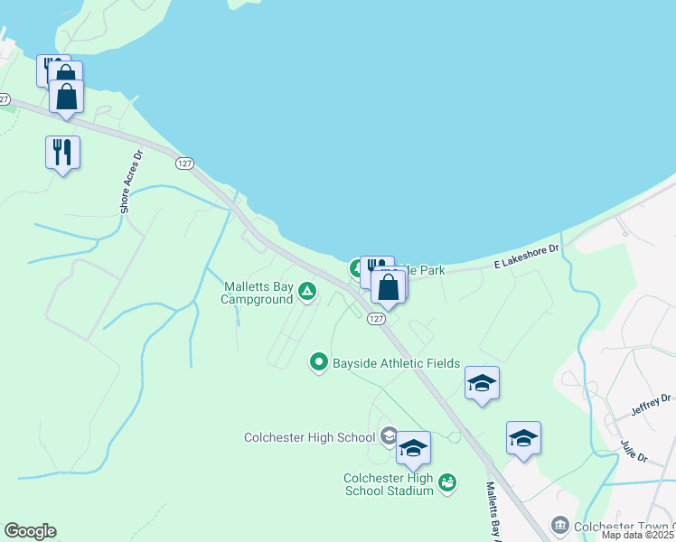 map of restaurants, bars, coffee shops, grocery stores, and more near 38 West Lakeshore Drive in Colchester