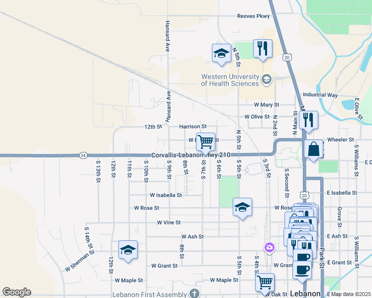 map of restaurants, bars, coffee shops, grocery stores, and more near 66 North 8th Street in Lebanon