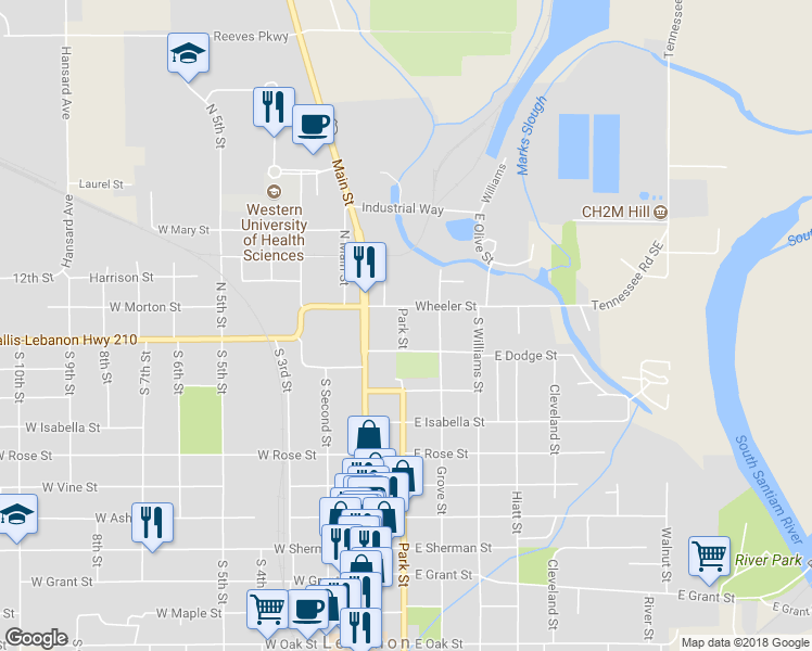map of restaurants, bars, coffee shops, grocery stores, and more near 45 Park Street in Lebanon