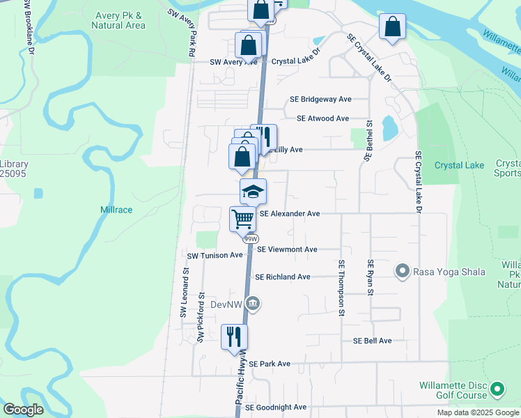 map of restaurants, bars, coffee shops, grocery stores, and more near 2045 Southeast 3rd Street in Corvallis