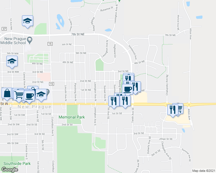 map of restaurants, bars, coffee shops, grocery stores, and more near 203 Sunset Ave N in New Prague
