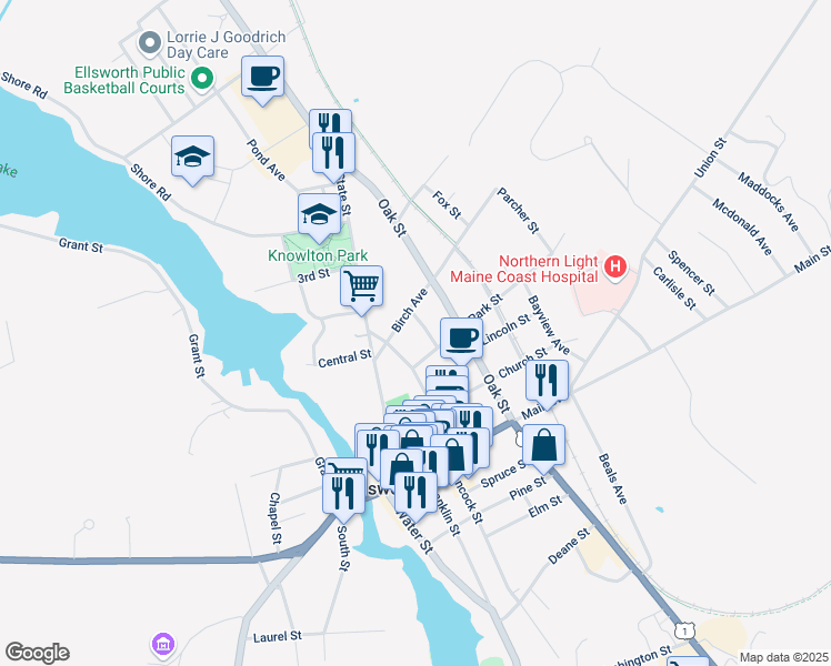 map of restaurants, bars, coffee shops, grocery stores, and more near 23 Birch Ave in Ellsworth