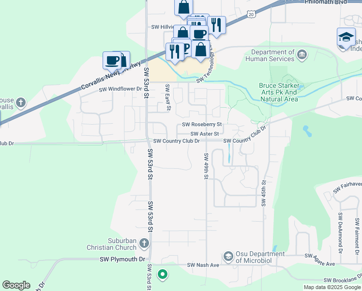 map of restaurants, bars, coffee shops, grocery stores, and more near 5050 Southwest Country Club Drive in Corvallis