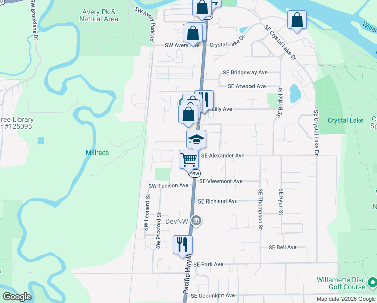 map of restaurants, bars, coffee shops, grocery stores, and more near 2113 Southwest Butterfield Drive in Corvallis