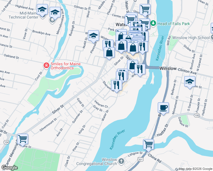 map of restaurants, bars, coffee shops, grocery stores, and more near 17 Sherwin Street in Waterville