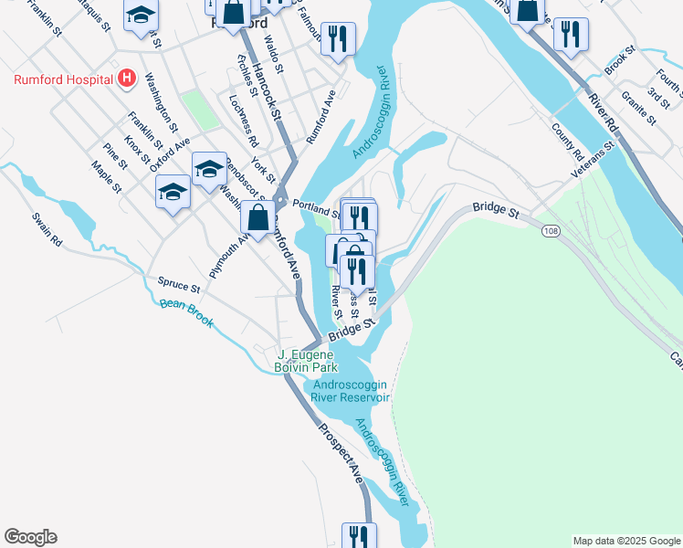 map of restaurants, bars, coffee shops, grocery stores, and more near 94 River Street in Rumford