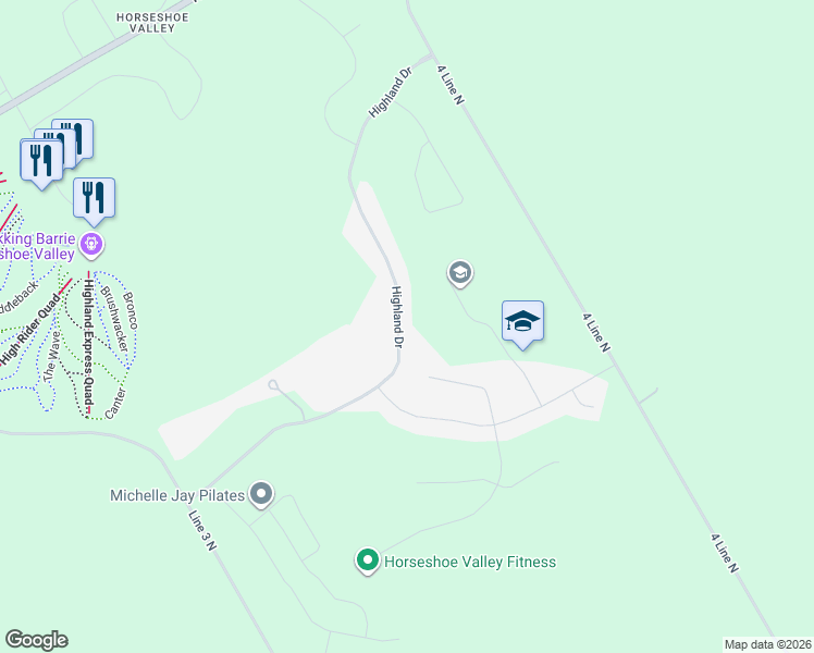 map of restaurants, bars, coffee shops, grocery stores, and more near 61 Highland Drive in Oro-Medonte