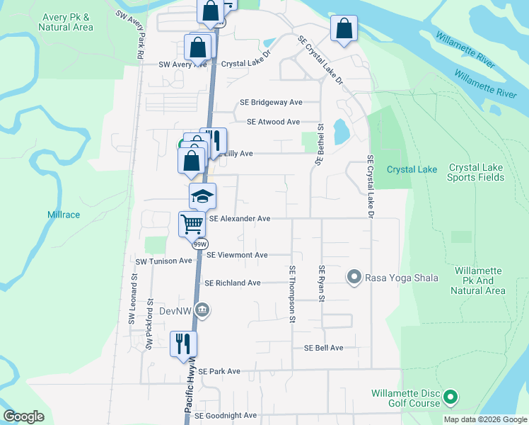 map of restaurants, bars, coffee shops, grocery stores, and more near 425 Southeast Alexander Avenue in Corvallis