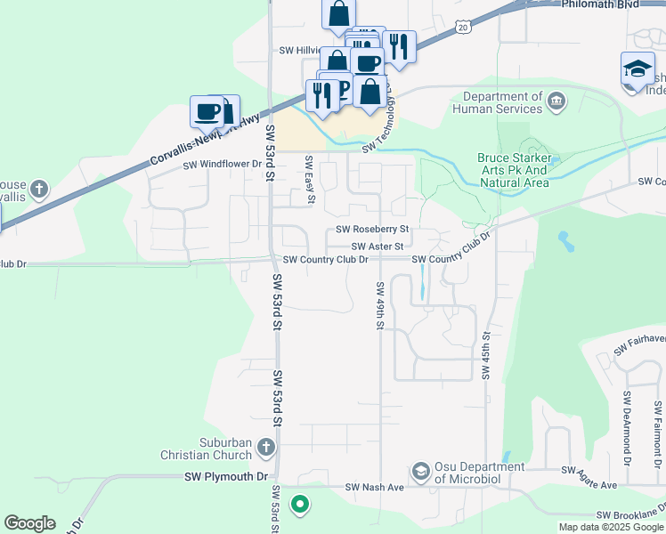 map of restaurants, bars, coffee shops, grocery stores, and more near 5050 Southwest Country Club Drive in Corvallis
