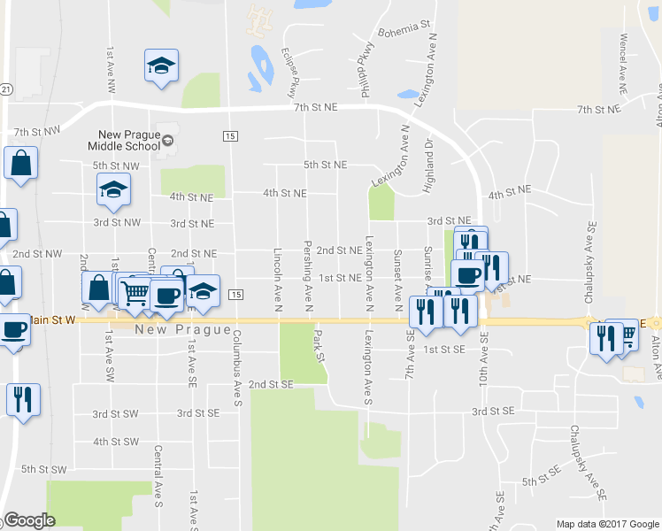 map of restaurants, bars, coffee shops, grocery stores, and more near 204 Lyndale Avenue North in New Prague