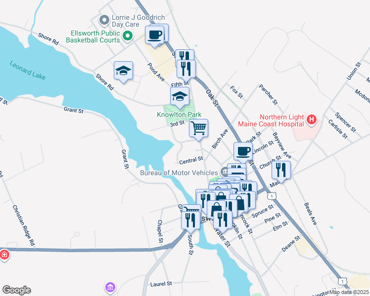 map of restaurants, bars, coffee shops, grocery stores, and more near 20 Sterling Street in Ellsworth