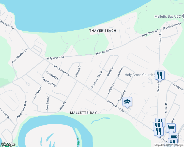 map of restaurants, bars, coffee shops, grocery stores, and more near 124 Pine Lane in Colchester