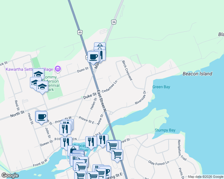 map of restaurants, bars, coffee shops, grocery stores, and more near 16 Cedartree Lane in Kawartha Lakes