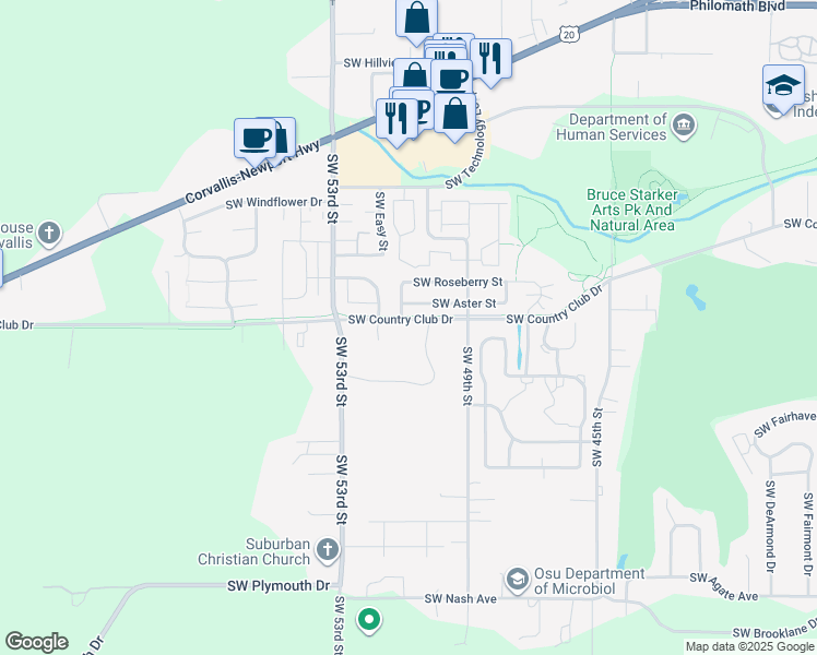 map of restaurants, bars, coffee shops, grocery stores, and more near 5050 Southwest Country Club Drive in Corvallis