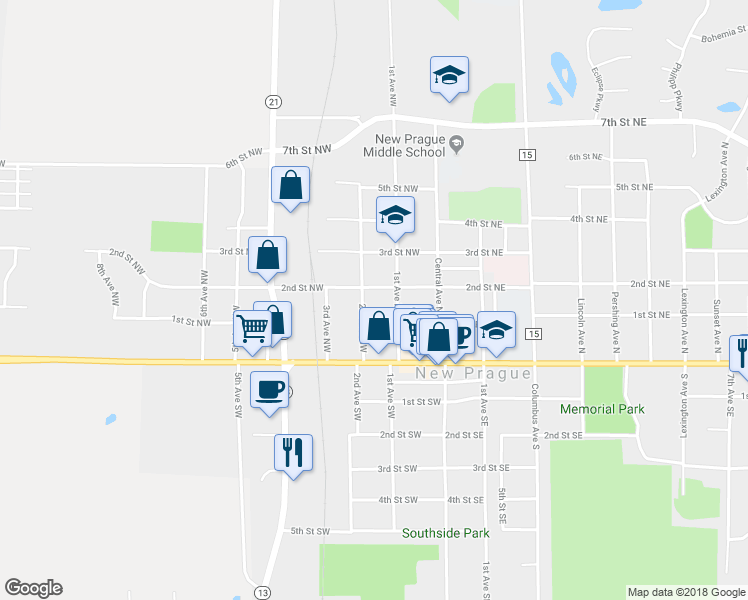 map of restaurants, bars, coffee shops, grocery stores, and more near 210 2nd Street Northwest in New Prague