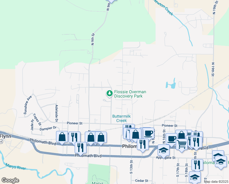 map of restaurants, bars, coffee shops, grocery stores, and more near 611 North 11th Street in Philomath