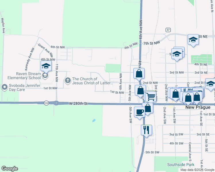 map of restaurants, bars, coffee shops, grocery stores, and more near 704 2nd Street Northwest in New Prague