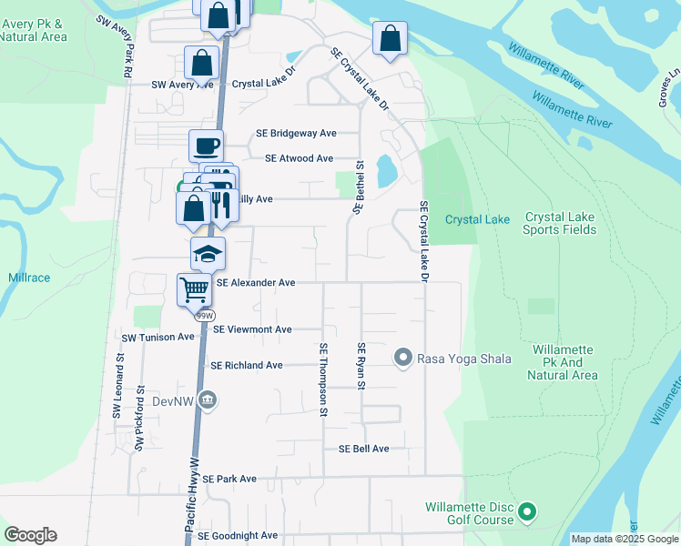 map of restaurants, bars, coffee shops, grocery stores, and more near 2030 Southeast Bethel Street in Corvallis