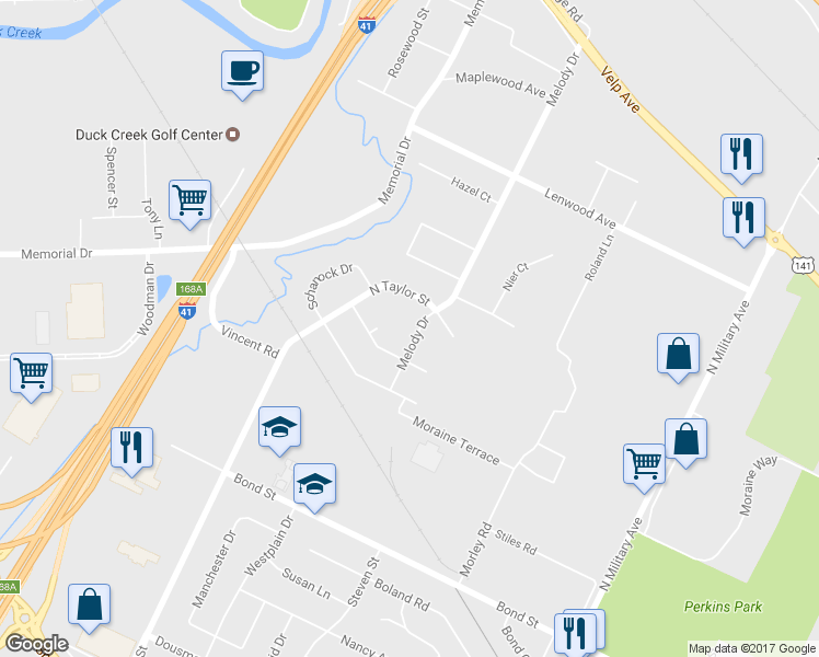 map of restaurants, bars, coffee shops, grocery stores, and more near 1065 Melody Drive in Green Bay