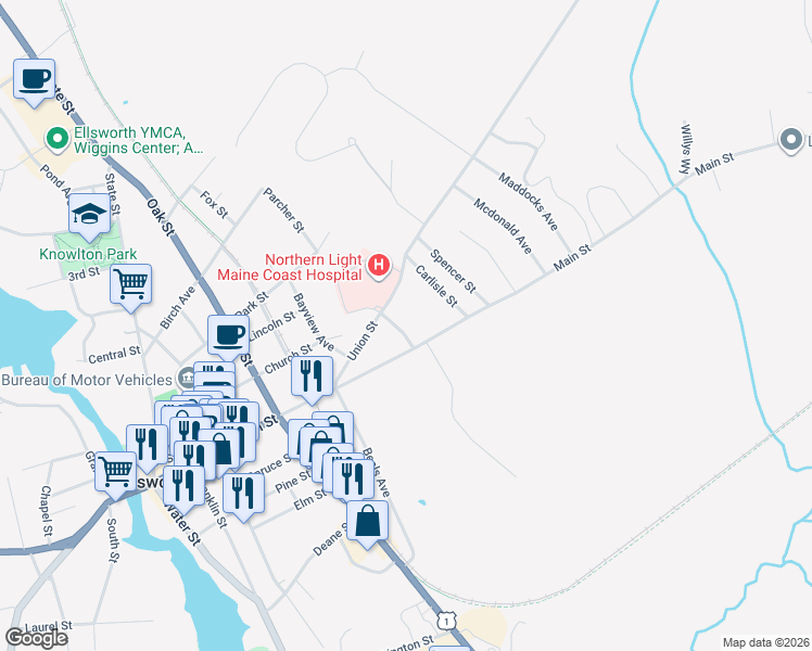 map of restaurants, bars, coffee shops, grocery stores, and more near 11 Mc Kenzie Avenue in Ellsworth