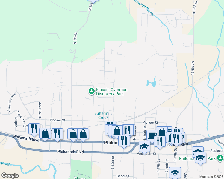 map of restaurants, bars, coffee shops, grocery stores, and more near 1249 Grant Street in Philomath