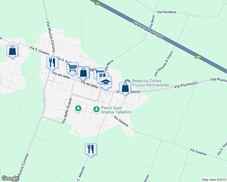 map of restaurants, bars, coffee shops, grocery stores, and more near 261 Via Piumazzo in Piumazzo