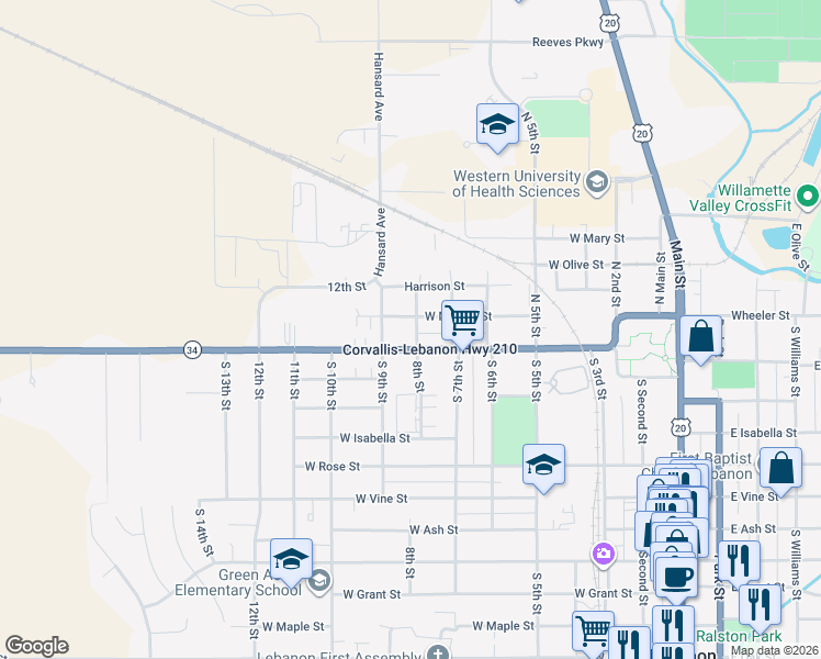 map of restaurants, bars, coffee shops, grocery stores, and more near 66 North 8th Street in Lebanon