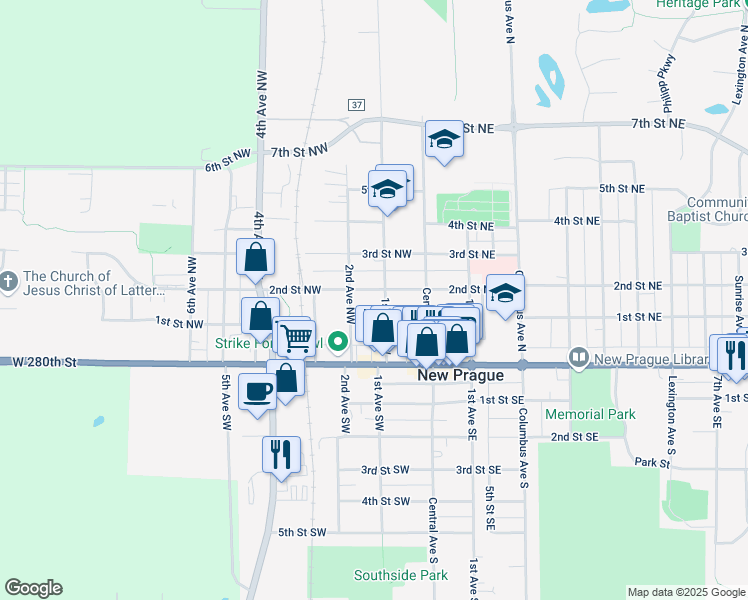 map of restaurants, bars, coffee shops, grocery stores, and more near 210 2nd Street Northwest in New Prague