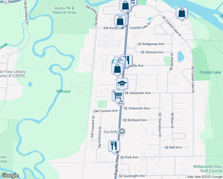 map of restaurants, bars, coffee shops, grocery stores, and more near 2113 Southwest Butterfield Drive in Corvallis