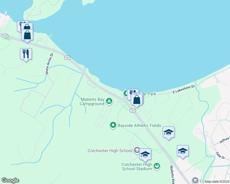 map of restaurants, bars, coffee shops, grocery stores, and more near 38 West Lakeshore Drive in Colchester