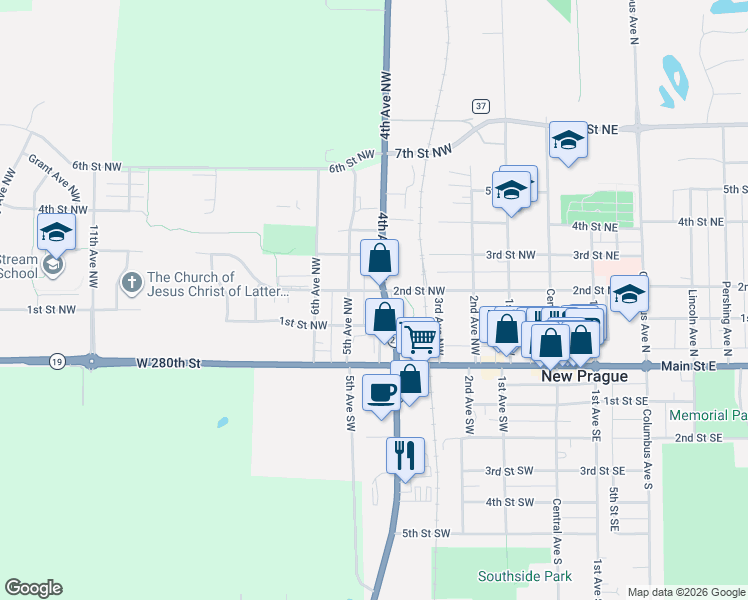 map of restaurants, bars, coffee shops, grocery stores, and more near 210 4th Avenue Northwest in New Prague